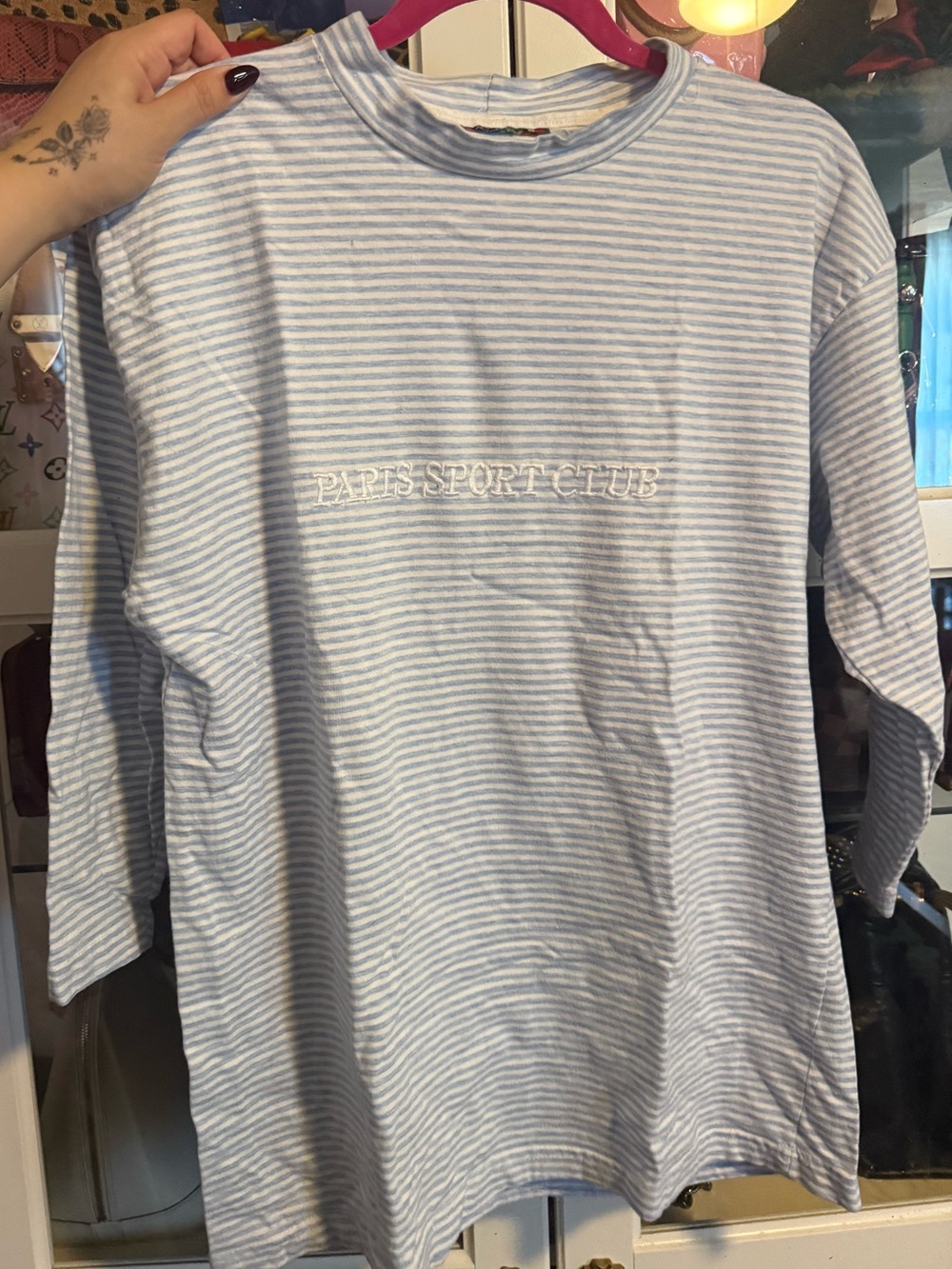 Striped Long Sleeve Tee - Light Blue & White -Paris Sport Club Embroidered